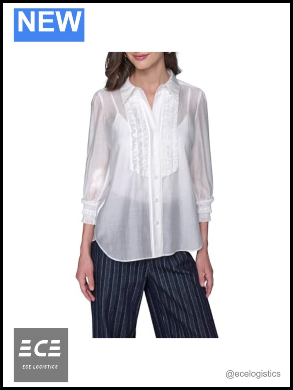 Women's Long Sleeve Ruffle Collared Essential Blouse Classic Fit